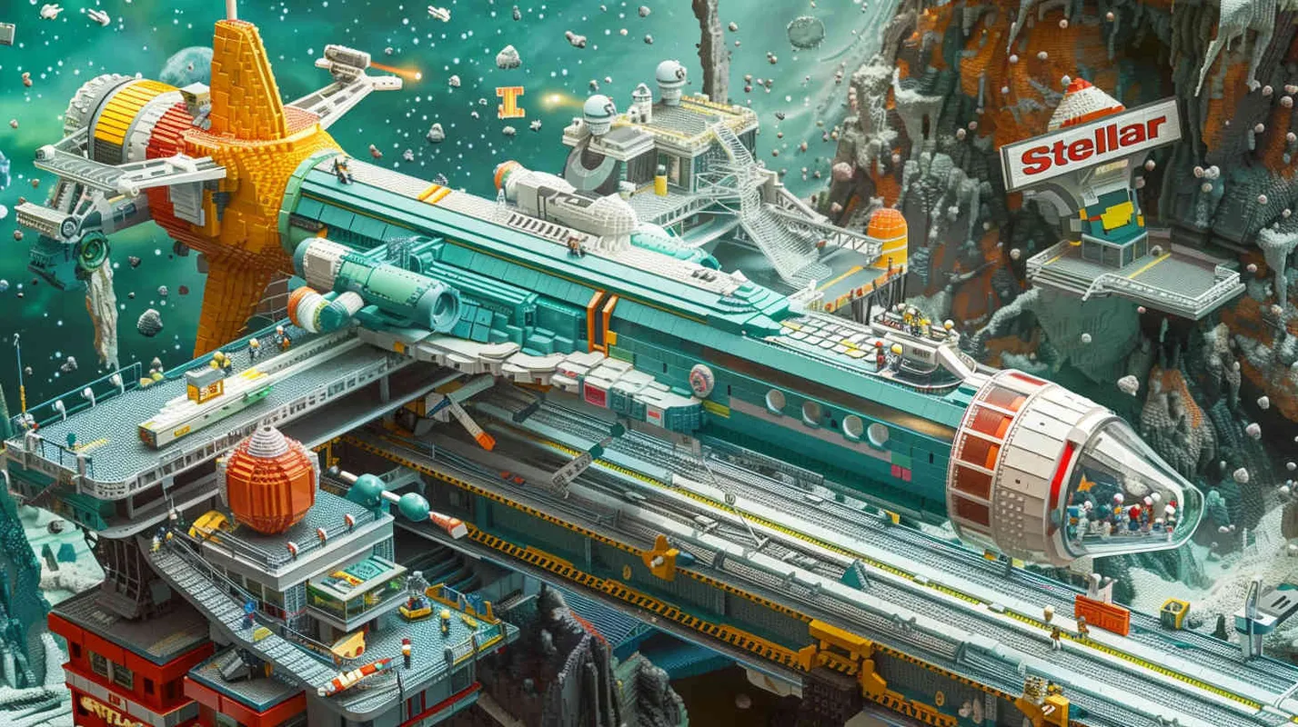 In a LEGO brick style, the vast expanse of the Space Pioneer Base unfolds, showcasing the spaceship 