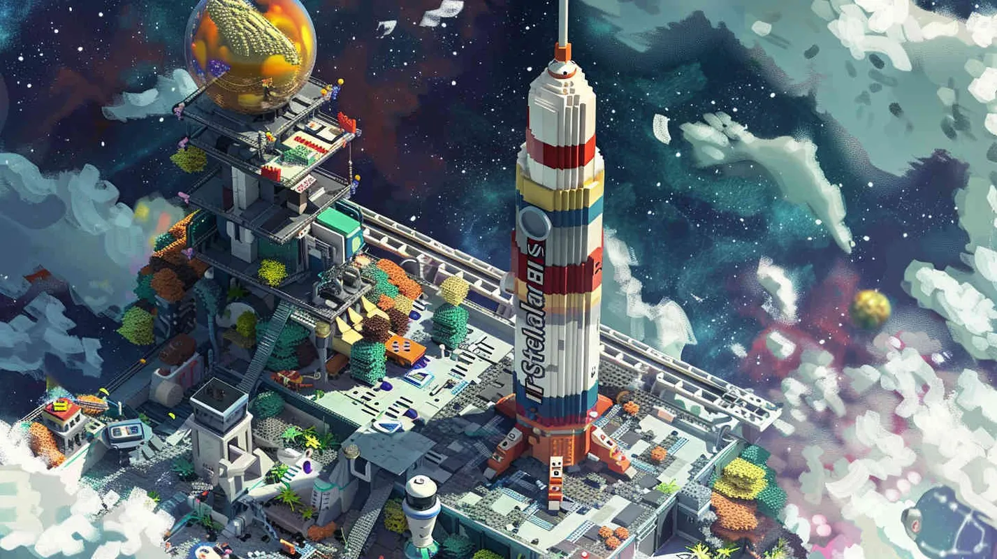 In a LEGO brick style, the vast expanse of the Space Pioneer Base unfolds, showcasing the spaceship 