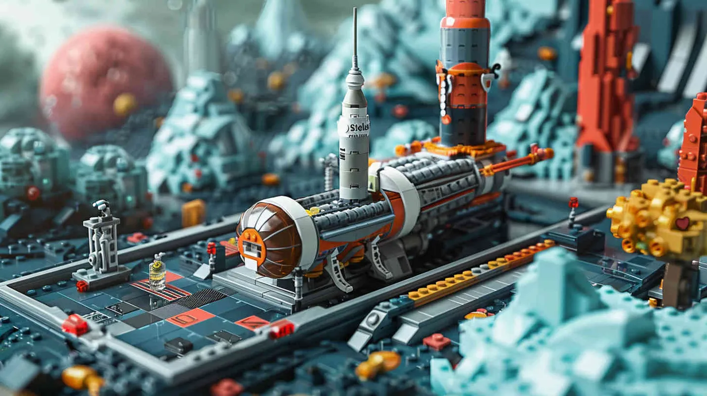 In a LEGO brick style, the vast expanse of the Space Pioneer Base unfolds, showcasing the spaceship 