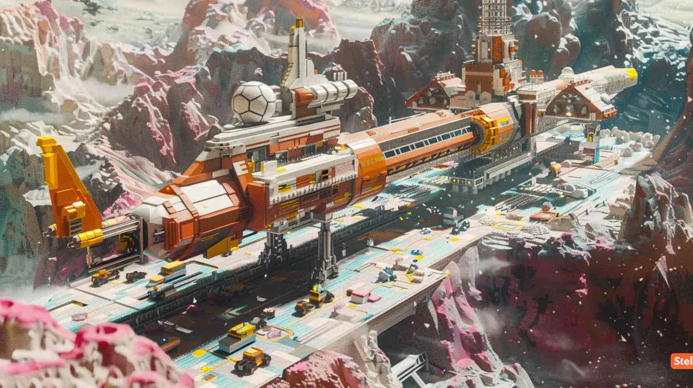 In a LEGO brick style, the vast expanse of the Space Pioneer Base unfolds, showcasing the spaceship 
