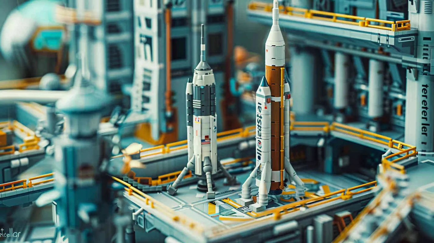 Rendered in LEGO block style, the panorama of the Space Pioneer Base stretches out, with the spaceship "Interstellar" stationed on the launch platform. Artwork, incorporating playful elements and exaggerated proportions, capturing the whimsical essence of LEGO construction, --ar 16:9 --v 5 - AI绘画作品展示 | Midjourney中文版生成