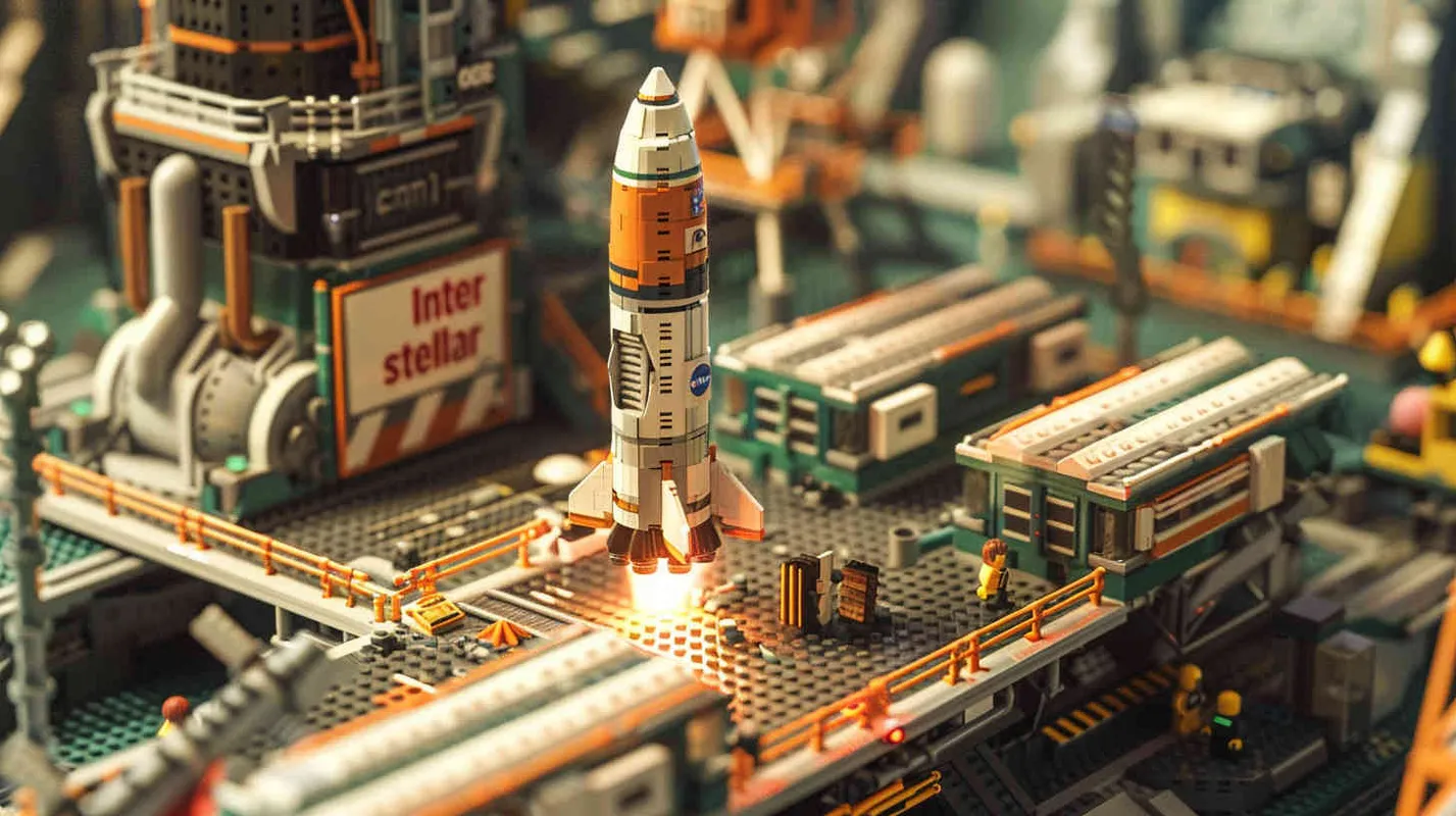 Rendered in LEGO block style, the panorama of the Space Pioneer Base stretches out, with the spaceship "Interstellar" stationed on the launch platform. Artwork, incorporating playful elements and exaggerated proportions, capturing the whimsical essence of LEGO construction, --ar 16:9 --v 5 - AI绘画作品展示 | Midjourney中文版生成