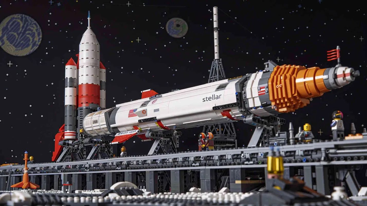 Rendered in LEGO block style, the panorama of the Space Pioneer Base stretches out, with the spaceship "Interstellar" stationed on the launch platform. Artwork, incorporating playful elements and exaggerated proportions, capturing the whimsical essence of LEGO construction, --ar 16:9 --v 5 - AI绘画作品展示 | Midjourney中文版生成