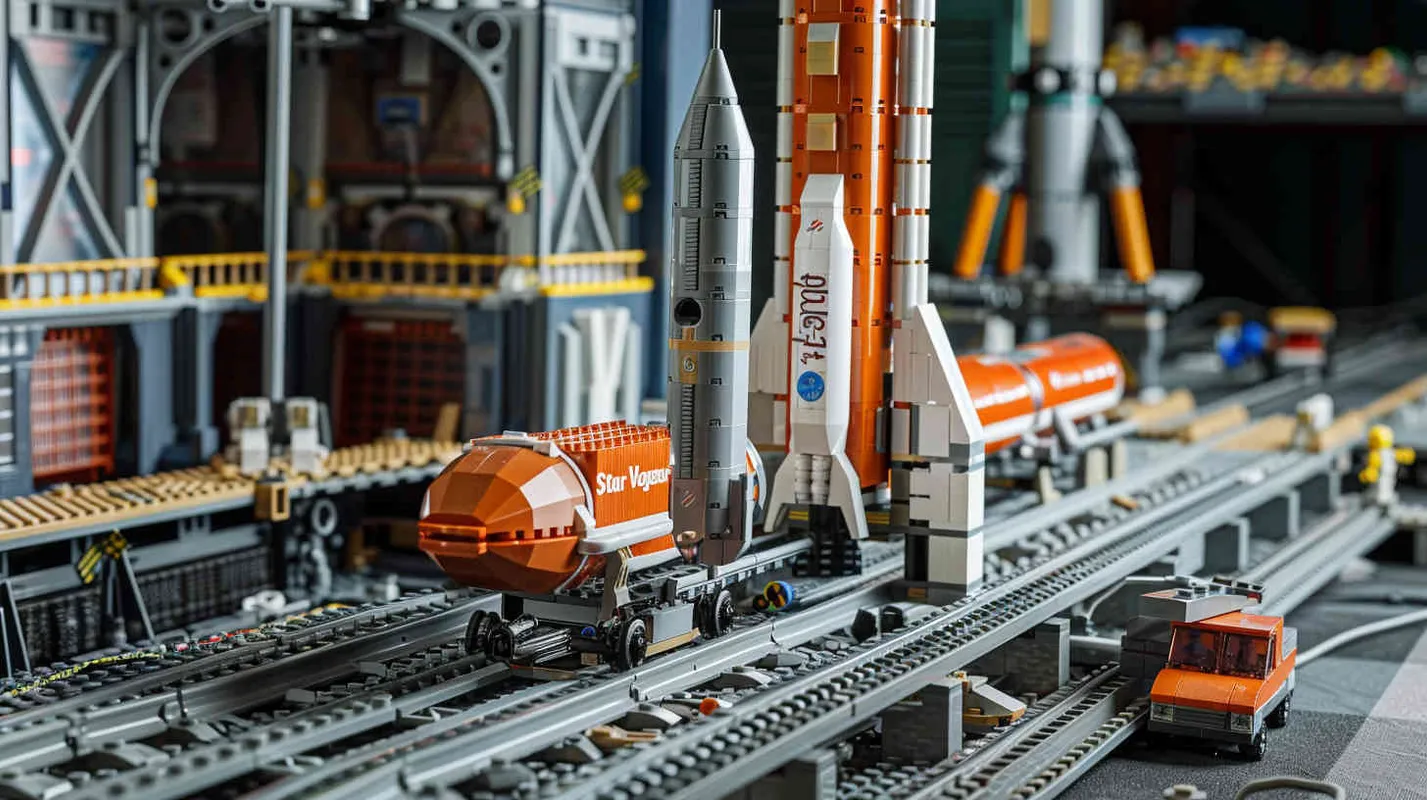 Using the LEGO brick aesthetic, depict the grand view of the Space Pioneer Base, complete with the spacecraft “Star Voyager” resting on the launch pad. 3D rendering, employing digital LEGO modeling techniques to create a realistic yet stylized rendition of the scene, –ar 16:9 –v 5 – AI绘画作品展示 | Midjourney中文版生成