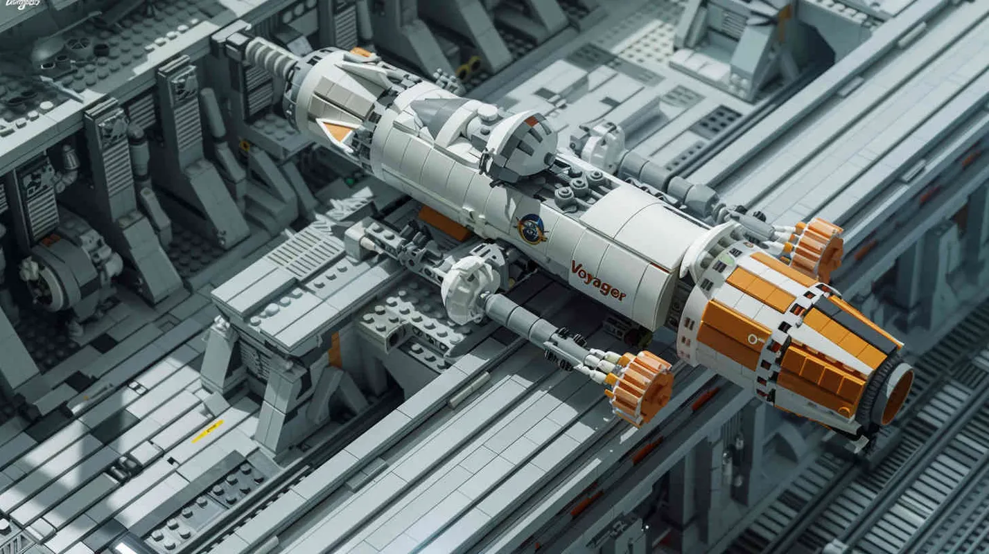 Using the LEGO brick aesthetic, depict the grand view of the Space Pioneer Base, complete with the spacecraft 