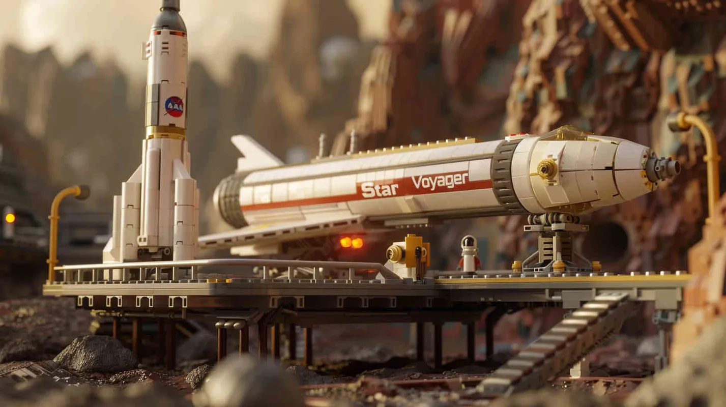 Using the LEGO brick aesthetic, depict the grand view of the Space Pioneer Base, complete with the spacecraft 