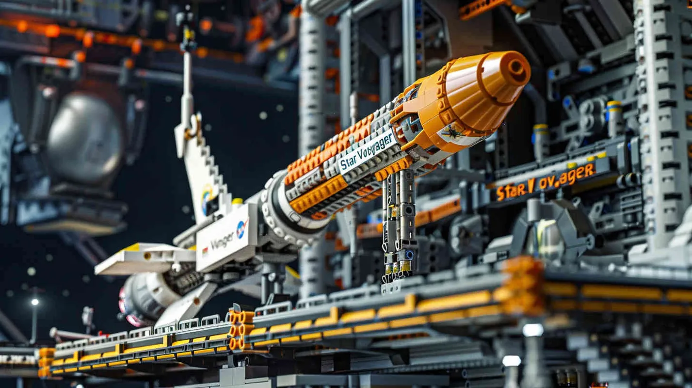 Using the LEGO brick aesthetic, depict the grand view of the Space Pioneer Base, complete with the spacecraft 