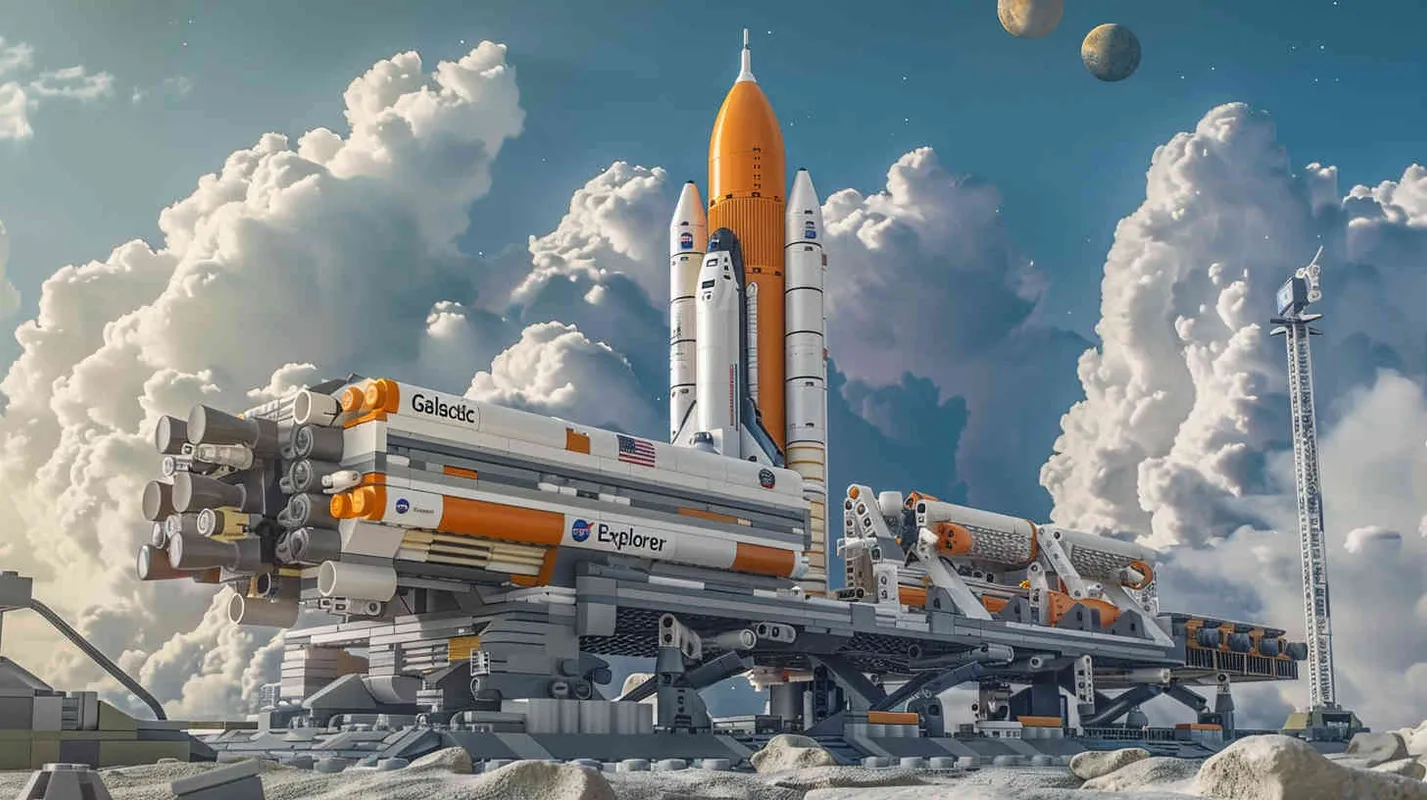 Presented in LEGO block style, showcase the sprawling Space Pioneer Base landscape, featuring the spacecraft 