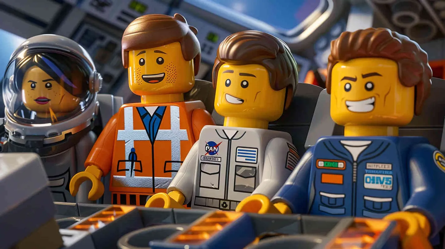 In a LEGO brick style with ultra-realism, Jack and his team, Amy, David, and Lily, are preparing for a mission inside the space base, each busy with their tasks. Artwork, meticulously crafted with high attention to detail and realistic textures, showcasing the characters and their surroundings with LEGO aesthetics, --ar 16:9 --v 5 - style1部分