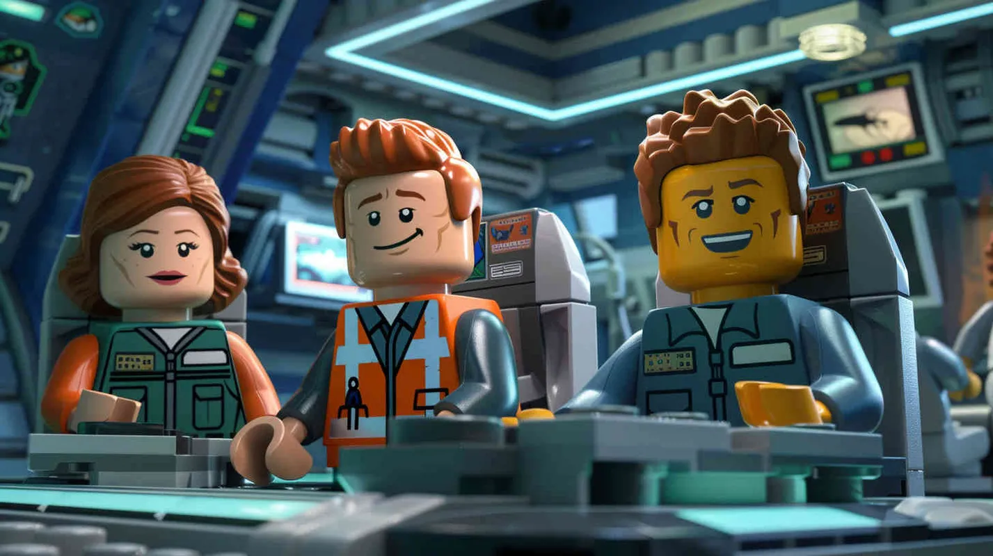 In a LEGO brick style with ultra-realism, Jack and his team, Amy, David, and Lily, are preparing for a mission inside the space base, each busy with their tasks. Artwork, meticulously crafted with high attention to detail and realistic textures, showcasing the characters and their surroundings with LEGO aesthetics, --ar 16:9 --v 5 - style2部分