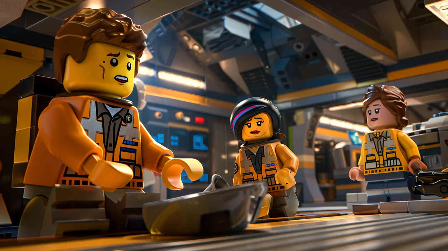 In a LEGO brick style with ultra-realism, Jack and his team, Amy, David, and Lily, are preparing for a mission inside the space base, each busy with their tasks. Artwork, meticulously crafted with high attention to detail and realistic textures, showcasing the characters and their surroundings with LEGO aesthetics, --ar 16:9 --v 5 - style3部分