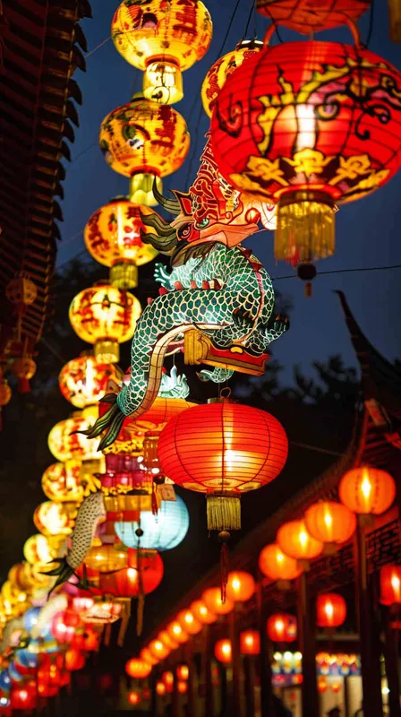 灯火通明的城市，五颜六色的灯笼，如梦如幻。街道上弥漫着甜甜的元宵香气，人们穿着喜庆的新衣服，熙熙攘攘的街道，摊位上摆满了各种灯笼，精致的龙、凤、孔雀等动物造型的灯笼，孩子们手里拿着五颜六色的小灯笼，在欢快的音乐中蹦蹦跳跳，风格是可爱的。 - style3部分