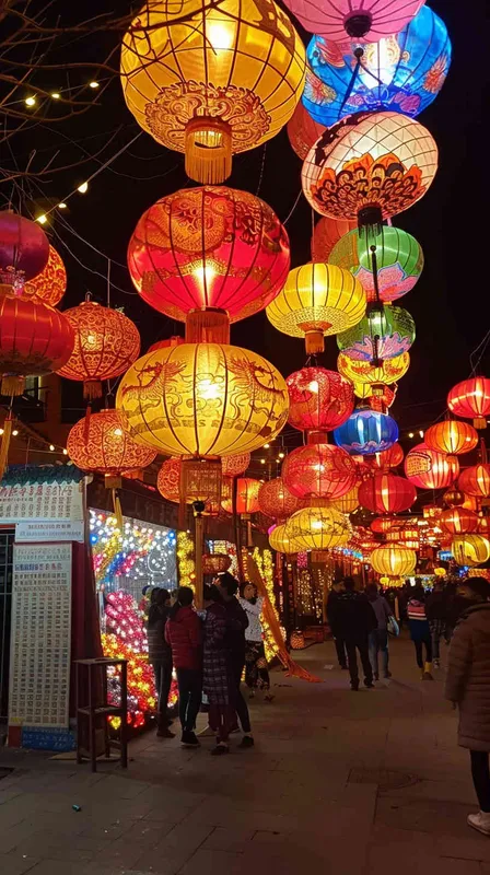 灯火通明的城市，五颜六色的灯笼，如梦如幻。街道上弥漫着甜甜的元宵香气，人们穿着喜庆的新衣服，熙熙攘攘的街道，摊位上摆满了各种灯笼，精致的龙、凤、孔雀等动物造型的灯笼，孩子们手里拿着五颜六色的小灯笼，在欢快的音乐中蹦蹦跳跳，风格是可爱的。 - style4部分
