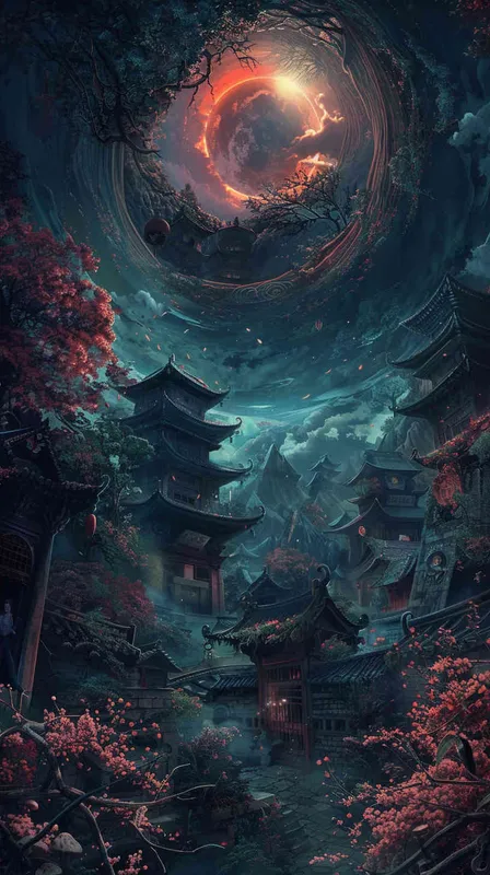 生成一幅图，一个螺旋漩涡场景，里面有各种故宫建筑，植物，以及一个师傅在修理文物，中心构图，中间是光明的景象，四周幽暗 - style1部分