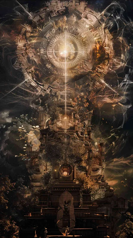 生成一幅图，一个螺旋漩涡场景，里面有各种故宫建筑，植物，以及一个师傅在修理文物，中心构图，中间是光明的景象，四周幽暗 - style2部分