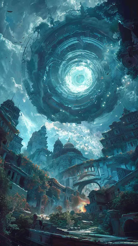 生成一幅图，一个螺旋漩涡场景，里面有各种故宫建筑，植物，以及一个师傅在修理文物，中心构图，中间是光明的景象，四周幽暗 - style3部分