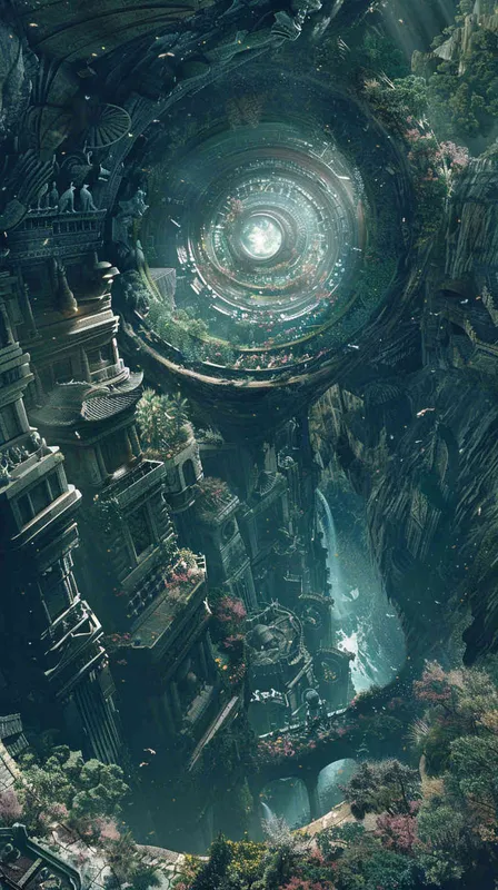 生成一幅图，一个螺旋漩涡场景，里面有各种故宫建筑，植物，以及一个师傅在修理文物，中心构图，中间是光明的景象，四周幽暗 - style4部分