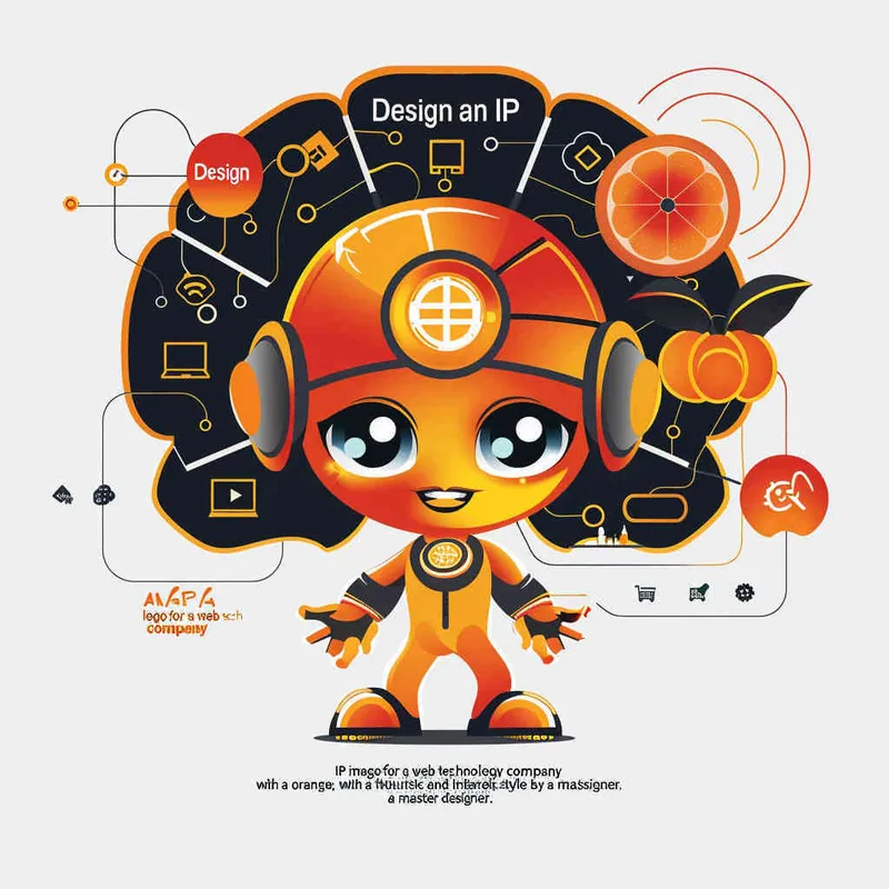 为一家网络科技公司设计一个以橙子为元素的IP形象Logo，互联网科技感，未来设计，扁平插画风格，大师设计  - style1部分