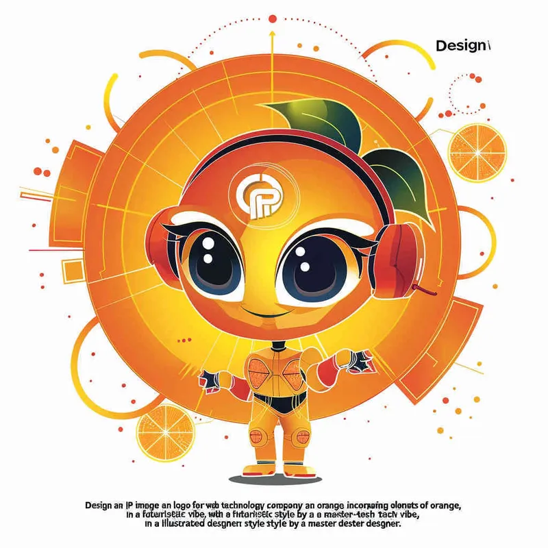 为一家网络科技公司设计一个以橙子为元素的IP形象Logo，互联网科技感，未来设计，扁平插画风格，大师设计  - style1部分