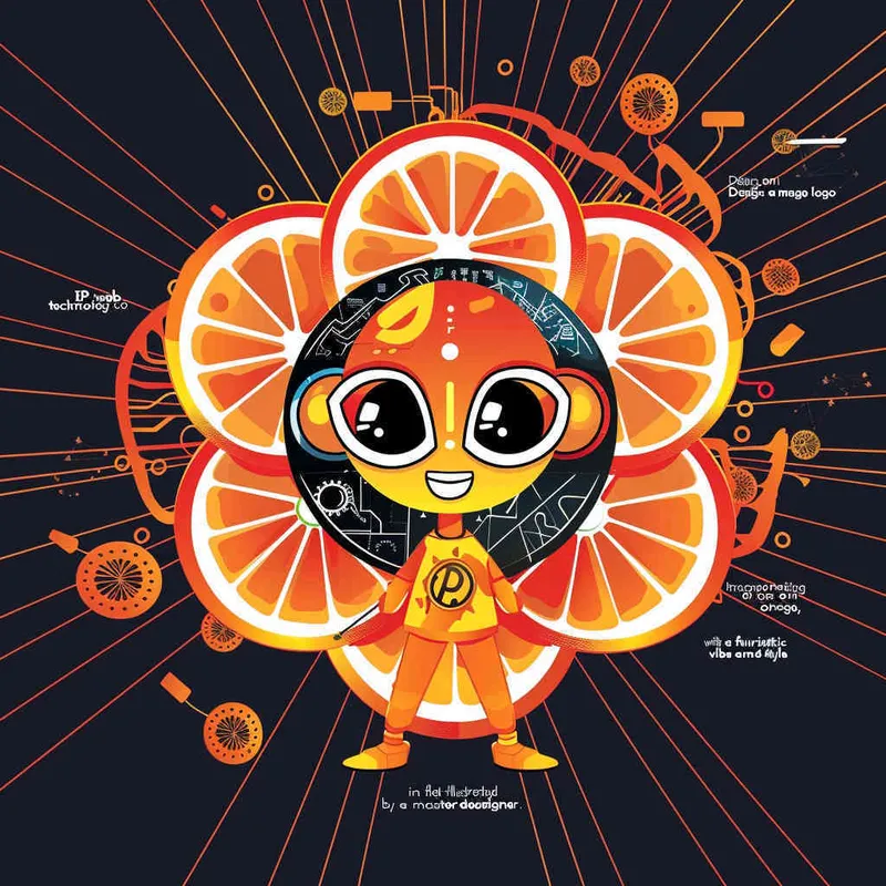 为一家网络科技公司设计一个以橙子为元素的IP形象Logo，互联网科技感，未来设计，扁平插画风格，大师设计  - style2部分