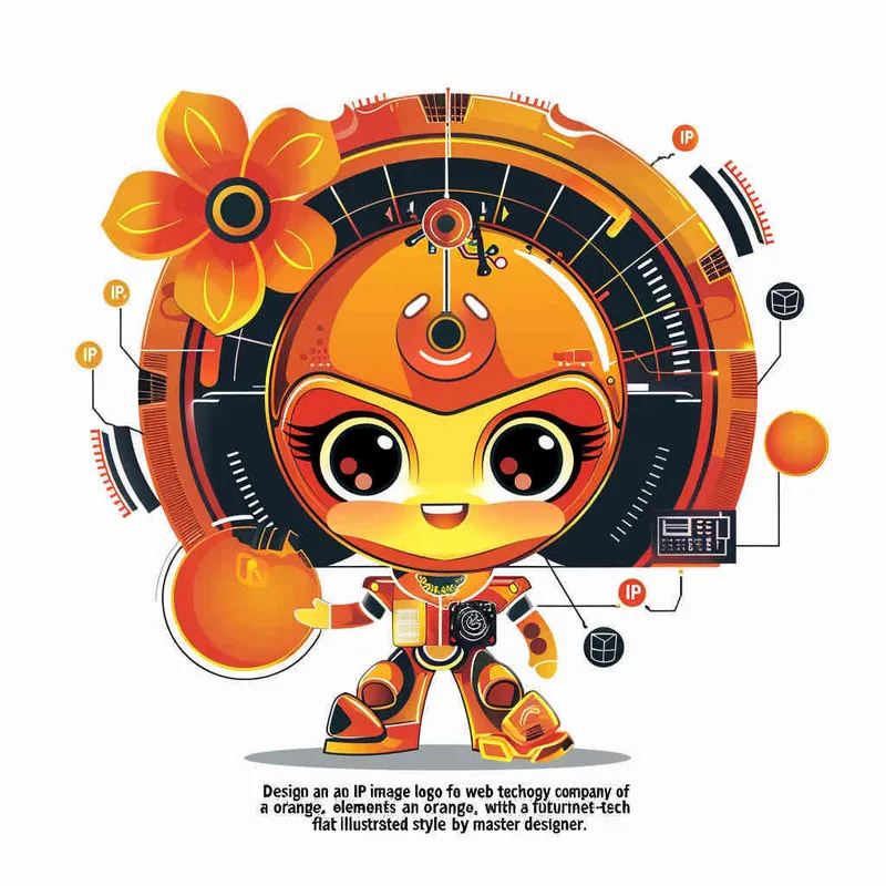 为一家网络科技公司设计一个以橙子为元素的IP形象Logo，互联网科技感，未来设计，扁平插画风格，大师设计  - style3部分