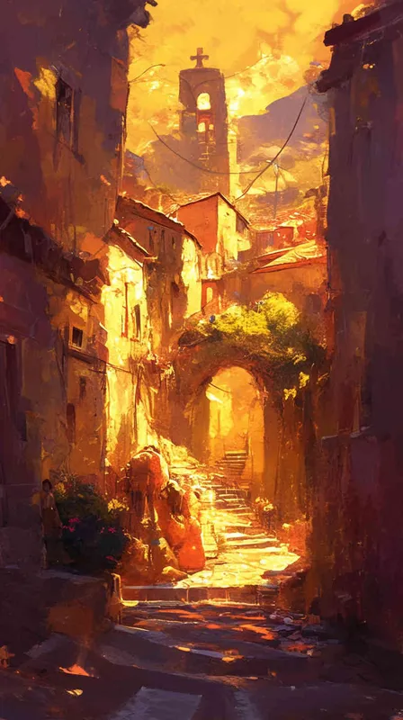 The early morning streets of the small town, residents frantically searching for clues left by the missing person. As the sun begins to rise, the streets are bathed in a warm orange glow, casting long shadows across the pavement. An air of tension hangs in the atmosphere, palpable in the hurried movements and worried expressions of the townsfolk., Painting, with vibrant colors and bold brushstrokes to convey the urgency and anxiety of the scene, --ar 16:9 --v 5 - style1部分