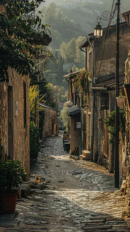 The early morning streets of the small town, residents anxiously scouring for clues left by the missing person. The soft glow of dawn illuminates the quaint buildings lining the street, while worried faces of passersby hurry past. The aroma of coffee drifts from the café under the awning, mingling with the sounds of hushed conversations., Photography, using a wide-angle lens (24mm) to capture the entire street scene in sharp detail, --ar 16:9 --v 5 - style1部分