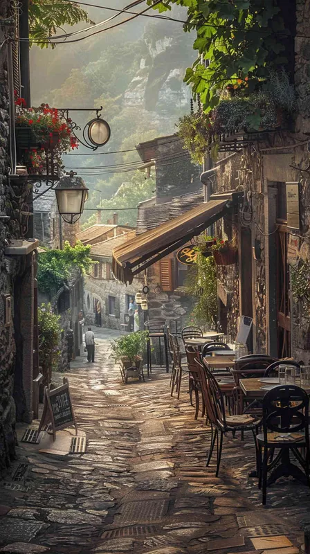 The early morning streets of the small town, residents anxiously scouring for clues left by the missing person. The soft glow of dawn illuminates the quaint buildings lining the street, while worried faces of passersby hurry past. The aroma of coffee drifts from the café under the awning, mingling with the sounds of hushed conversations., Photography, using a wide-angle lens (24mm) to capture the entire street scene in sharp detail, --ar 16:9 --v 5 - style2部分