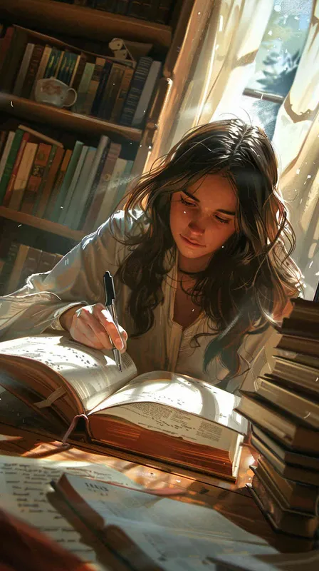 Alice sits at her desk, surrounded by psychology books spread open before her. She meticulously pores over each page, examining the clues of the case with intense focus. Sunlight filters through the curtains, casting warm rays onto the worn pages of the books, creating a cozy yet studious atmosphere., Photography, using a macro lens (50mm) to capture the details of the open books and the subtle play of light and shadow, --ar 16:9 --v 5 - style2部分