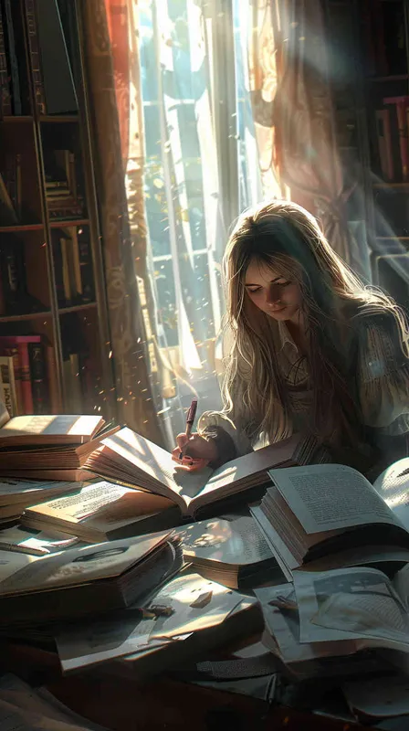 Alice sits at her desk, surrounded by psychology books spread open before her. She meticulously pores over each page, examining the clues of the case with intense focus. Sunlight filters through the curtains, casting warm rays onto the worn pages of the books, creating a cozy yet studious atmosphere., Photography, using a macro lens (50mm) to capture the details of the open books and the subtle play of light and shadow, --ar 16:9 --v 5 - style3部分