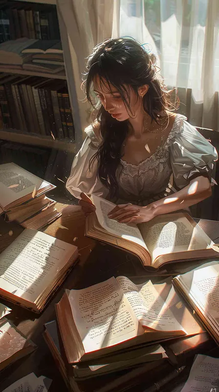 Alice sits at her desk, surrounded by psychology books spread open before her. She meticulously pores over each page, examining the clues of the case with intense focus. Sunlight filters through the curtains, casting warm rays onto the worn pages of the books, creating a cozy yet studious atmosphere., Photography, using a macro lens (50mm) to capture the details of the open books and the subtle play of light and shadow, --ar 16:9 --v 5 - style4部分