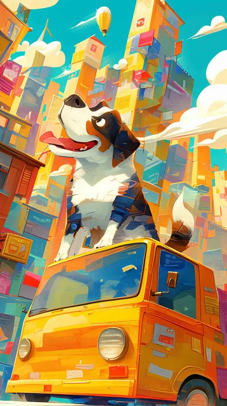 In a vibrant Pixar-style scene, a cheerful delivery dog trots out of the bustling delivery center, a package securely fastened to its back. Its tail wags with excitement as it sets off on its delivery route, spreading joy along the way., Illustration, using bright colors and exaggerated features to capture the whimsical essence of the Pixar style, --ar 16:9 --v 5 - style1部分