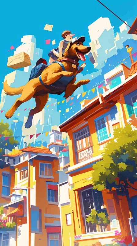 In a vibrant Pixar-style scene, a cheerful delivery dog trots out of the bustling delivery center, a package securely fastened to its back. Its tail wags with excitement as it sets off on its delivery route, spreading joy along the way., Illustration, using bright colors and exaggerated features to capture the whimsical essence of the Pixar style, --ar 16:9 --v 5 - style2部分