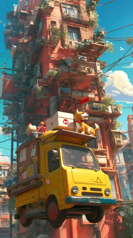 In a vibrant Pixar-style scene, a cheerful delivery dog trots out of the bustling delivery center, a package securely fastened to its back. Its tail wags with excitement as it sets off on its delivery route, spreading joy along the way., Illustration, using bright colors and exaggerated features to capture the whimsical essence of the Pixar style, --ar 16:9 --v 5 - style4部分