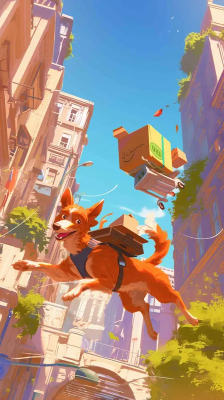 In a vibrant Pixar-style scene, a cheerful delivery dog trots out of the bustling delivery center, a package securely fastened to its back. Its tail wags with excitement as it sets off on its delivery route, spreading joy along the way, using bright colors and exaggerated features to capture the whimsical essence of the Pixar style, --ar 16:9 --v 5 - style2部分