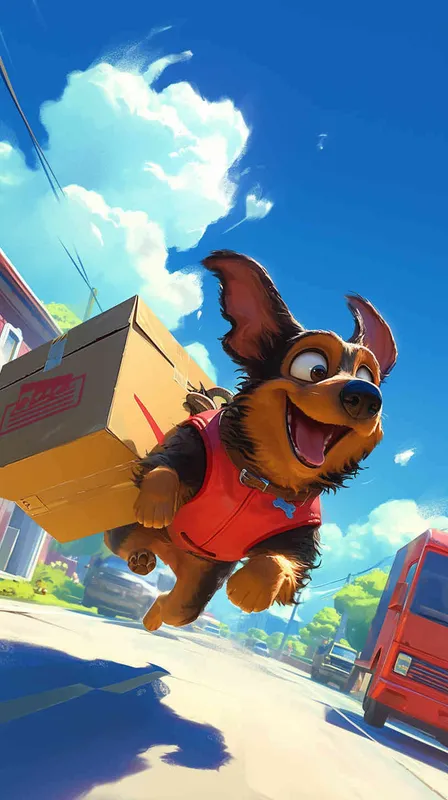In a vibrant Pixar-style scene, a cheerful delivery dog trots out of the bustling delivery center, a package securely fastened to its back. Its tail wags with excitement as it sets off on its delivery route, spreading joy along the way, using bright colors and exaggerated features to capture the whimsical essence of the Pixar style, --ar 16:9 --v 5 - style3部分