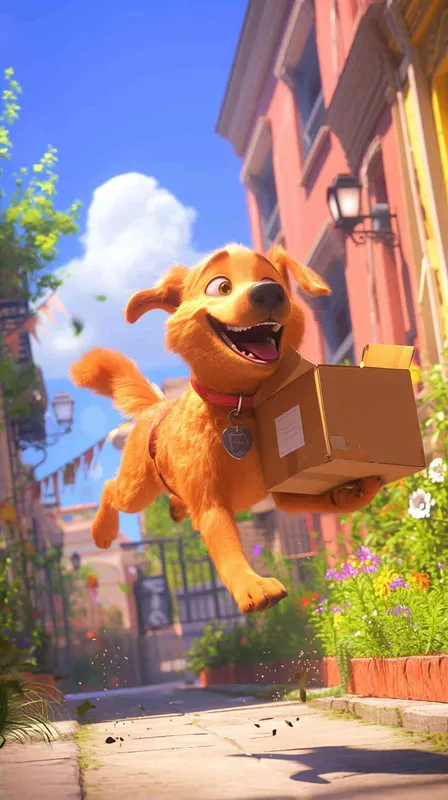 Pixar style, Disney Style, 3D design, C4D modeling,   In a vibrant Pixar-style scene, a cheerful delivery dog trots out of the bustling delivery center, a package securely fastened to its back. Its tail wags with excitement as it sets off on its delivery route, spreading joy along the way, using bright colors and exaggerated features to capture the whimsical essence of the Pixar style, Bright Colors, LivelyAtmosphere, Blender, OC Renderer, High Detail, High Quality,--ar 16:9 --v 5 --cref https://znrpa-s-1254076648.cos.accelerate.myqcloud.com/ai/thumb-mj-%5B33%5D-debbba5b-7.png - style2部分