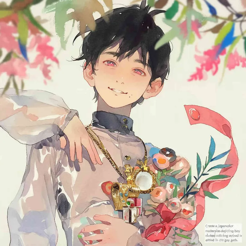 Draw a Japanese watercolor painting style with a boy holding a medal, holding a bouquet, and wearing gray clothes in the picture - style1部分