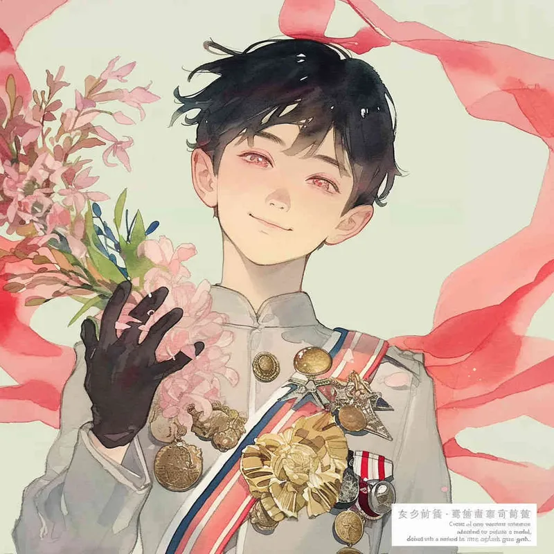 Draw a Japanese watercolor painting style with a boy holding a medal, holding a bouquet, and wearing gray clothes in the picture - style2部分