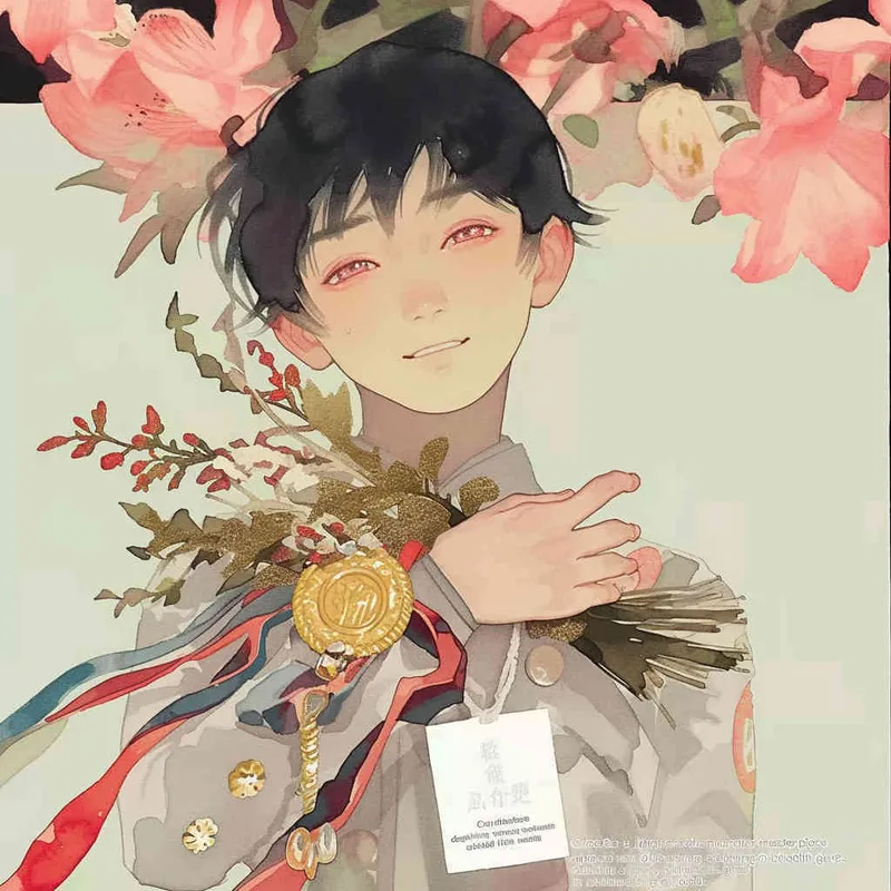 Draw a Japanese watercolor painting style with a boy holding a medal, holding a bouquet, and wearing gray clothes in the picture - style4部分