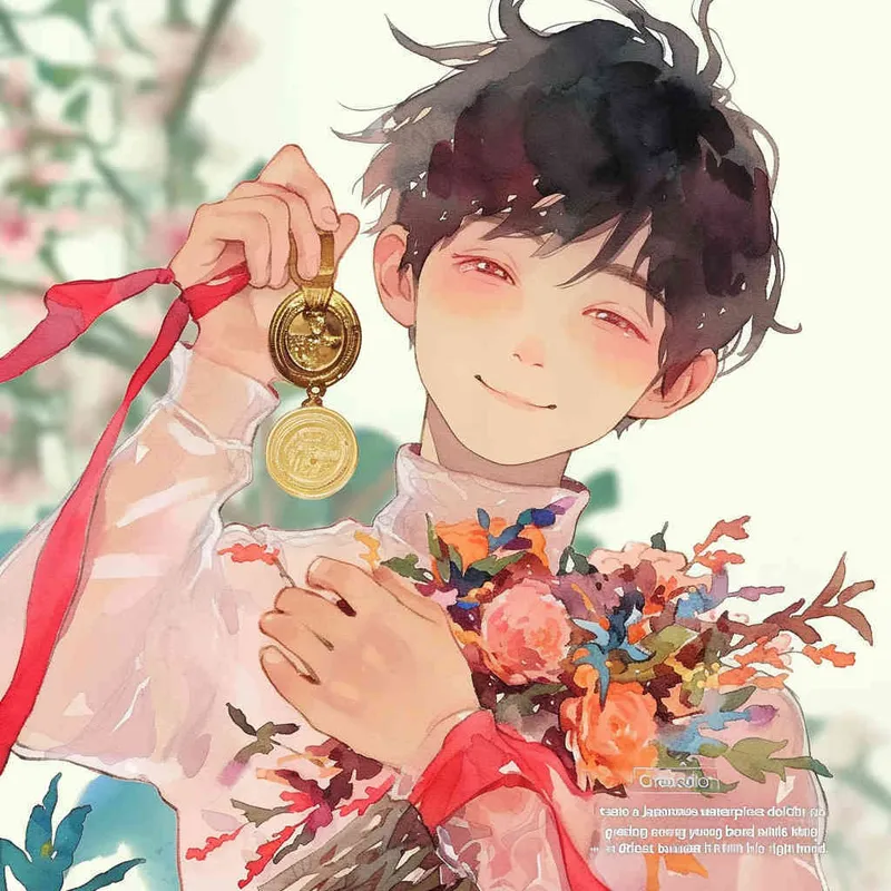 Draw a Japanese watercolor style painting with a boy holding a medal in his left hand and a bouquet of flowers in his right hand - style1部分