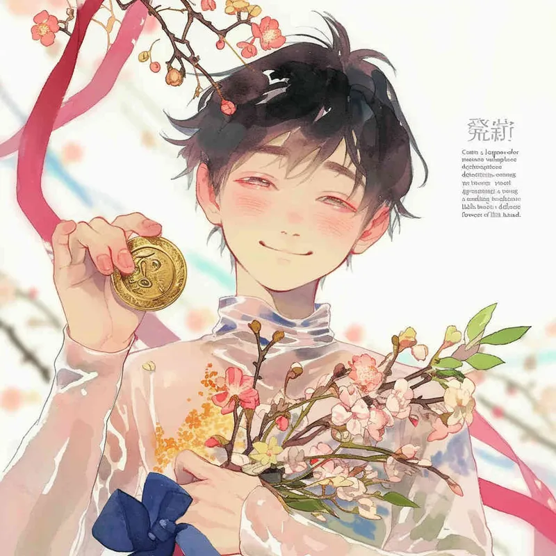Draw a Japanese watercolor style painting with a boy holding a medal in his left hand and a bouquet of flowers in his right hand - style2部分