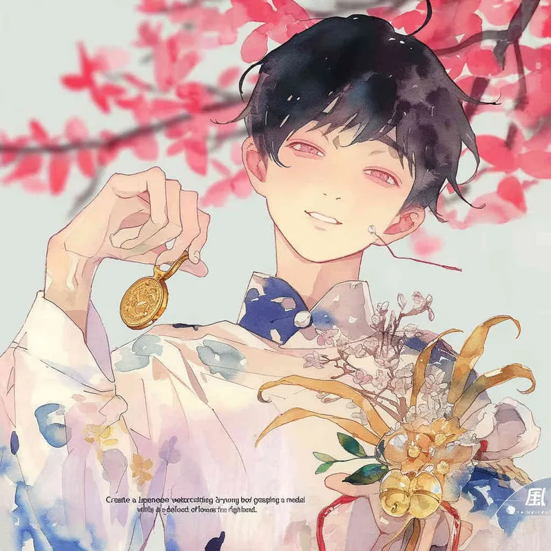 Draw a Japanese watercolor style painting with a boy holding a medal in his left hand and a bouquet of flowers in his right hand - style3部分