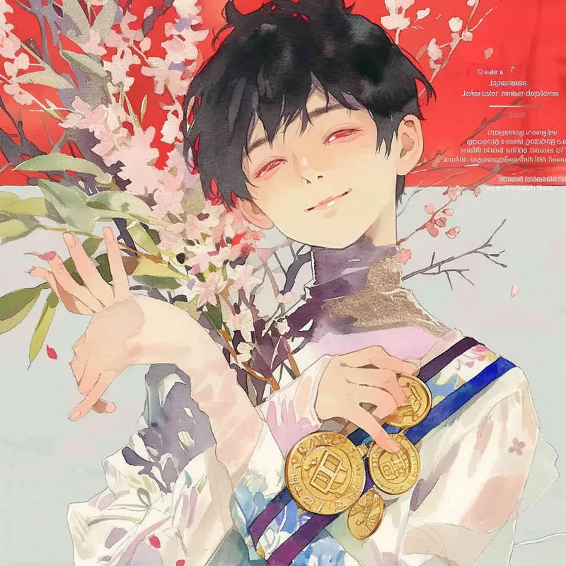 Draw a Japanese watercolor style painting with a boy holding a medal in his left hand and a bouquet of flowers in his right hand - style4部分