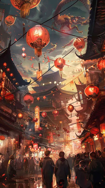 streets , lanterns, dragon,  children - style2部分