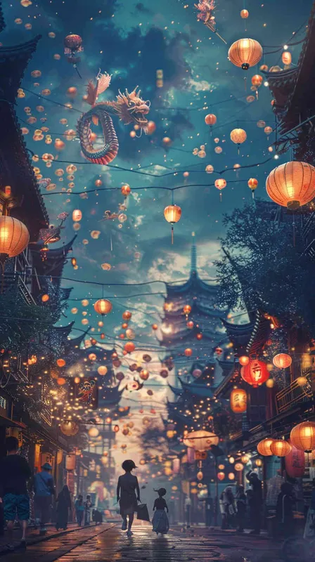 streets , lanterns, dragon,  children - style4部分