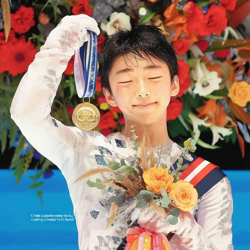 Draw a Japanese watercolor style painting with a boy holding a medal in his left hand and a bouquet of flowers in his right hand - AI绘画作品展示 | Midjourney中文版生成