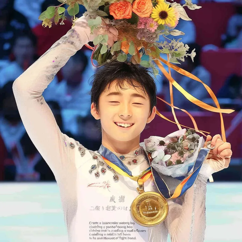 Draw a Japanese watercolor style painting with a boy holding a medal in his left hand and a bouquet of flowers in his right hand - AI绘画作品展示 | Midjourney中文版生成
