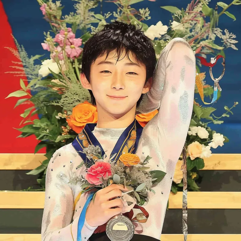 Draw a Japanese watercolor style painting with a boy holding a medal in his left hand and a bouquet of flowers in his right hand - AI绘画作品展示 | Midjourney中文版生成
