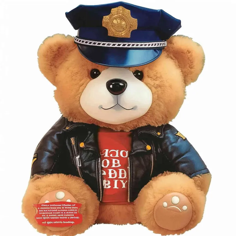 Draw a toy teddy bear wearing a leather jacket and a police cap, with a white background – AI绘画作品展示 | Midjourney中文版生成
